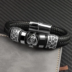 MingAo 12*6mm Braided Leather 316l Stainless Steel Charm Male Bracelets Spades Skull Head Bangle Punk Wristband Men's Jewelry