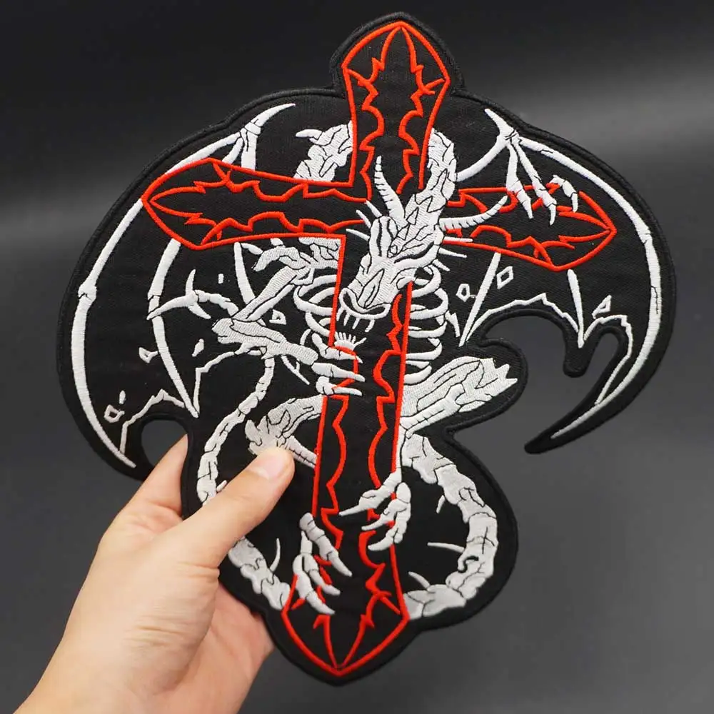 Red Cross Dragon Large Size Embroidered Punk Biker Patches Clothes Stickers Apparel Accessories Badge