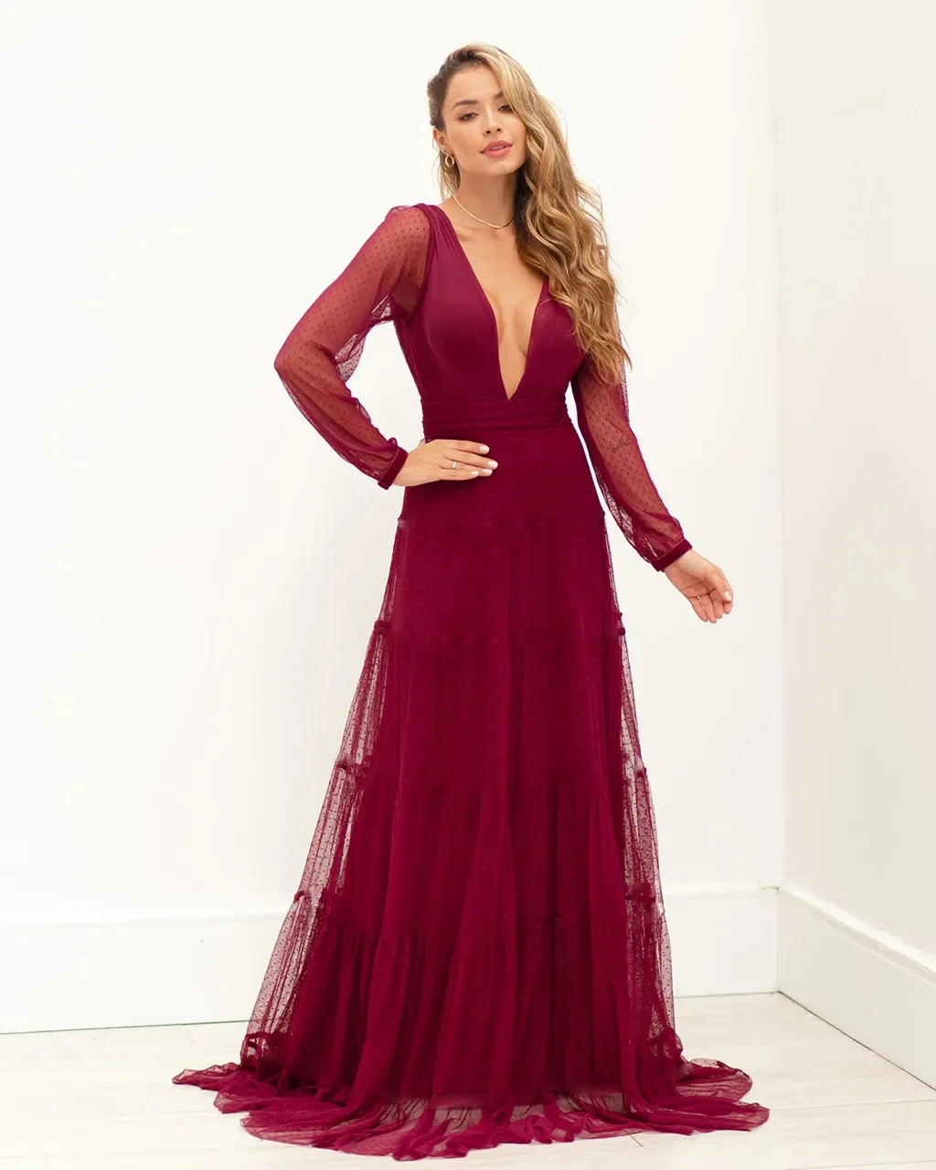 Plus Size Evening Dresses Long 2021 Burgundy Sexy V Neck Formal Party Prom Gowns Custom Made Long Sleeve Women Party Gowns