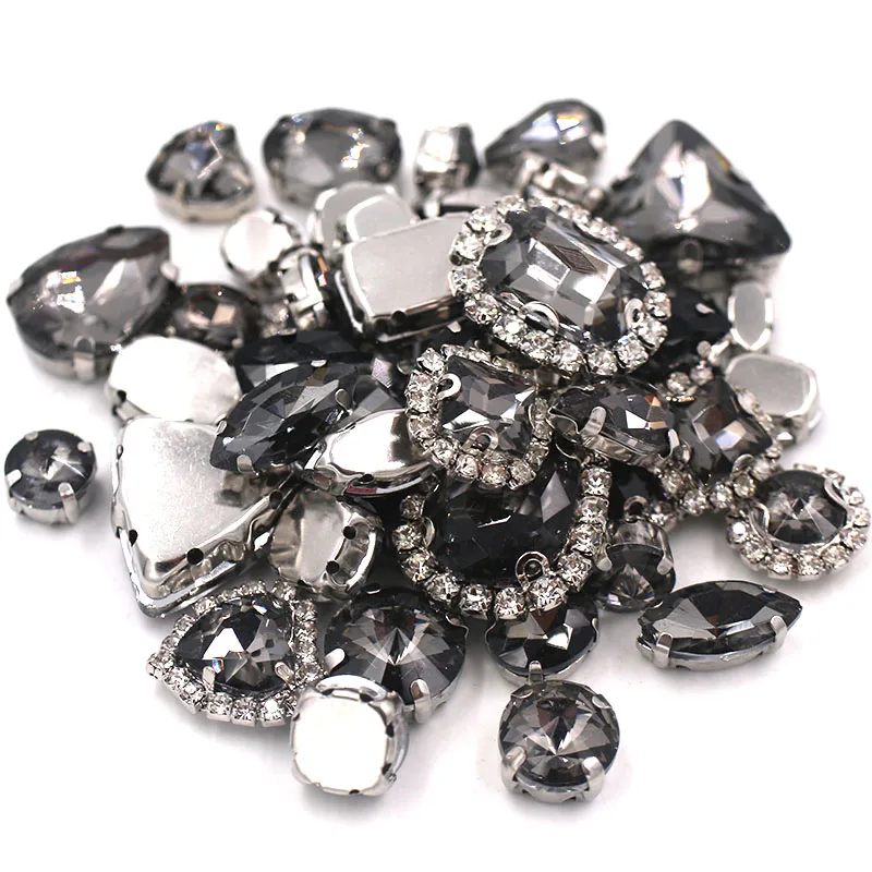 50pcs/Bag Gray Mixed Shape Sew on Glass Rhinestone Silver Claw and Crystal Buckle Diy Wedding Decoration Clothes/Shoe/Dress