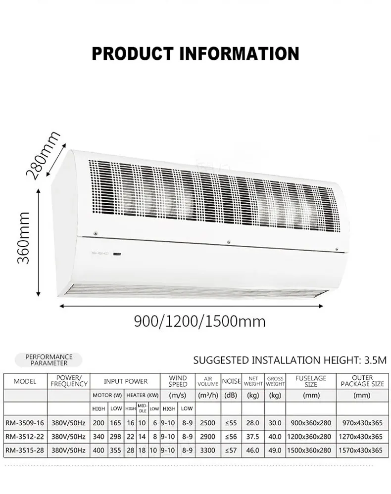 

380V Commerical Electric heating air curtain Fan Low Noise Air Door Ventilador Machine Blower Fan Cool and warm type