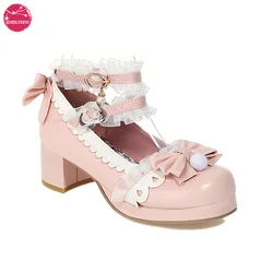 Scarpe Lolita da donna Vintage carino pizzo Bowknot piattaforma tacco alto décolleté da donna dolci ragazze principessa Kawaii festa di nozze Cosplay