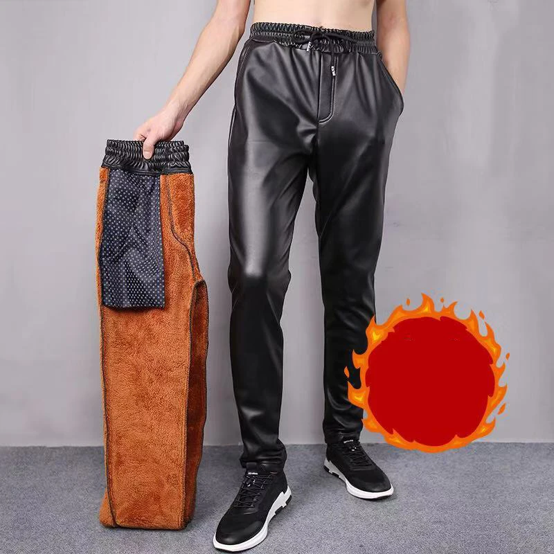 Idopy calças masculinas para corrida, calças para homens quentes de inverno de couro falso, calças harém forradas com cintura elástica e cordão pu para corrida