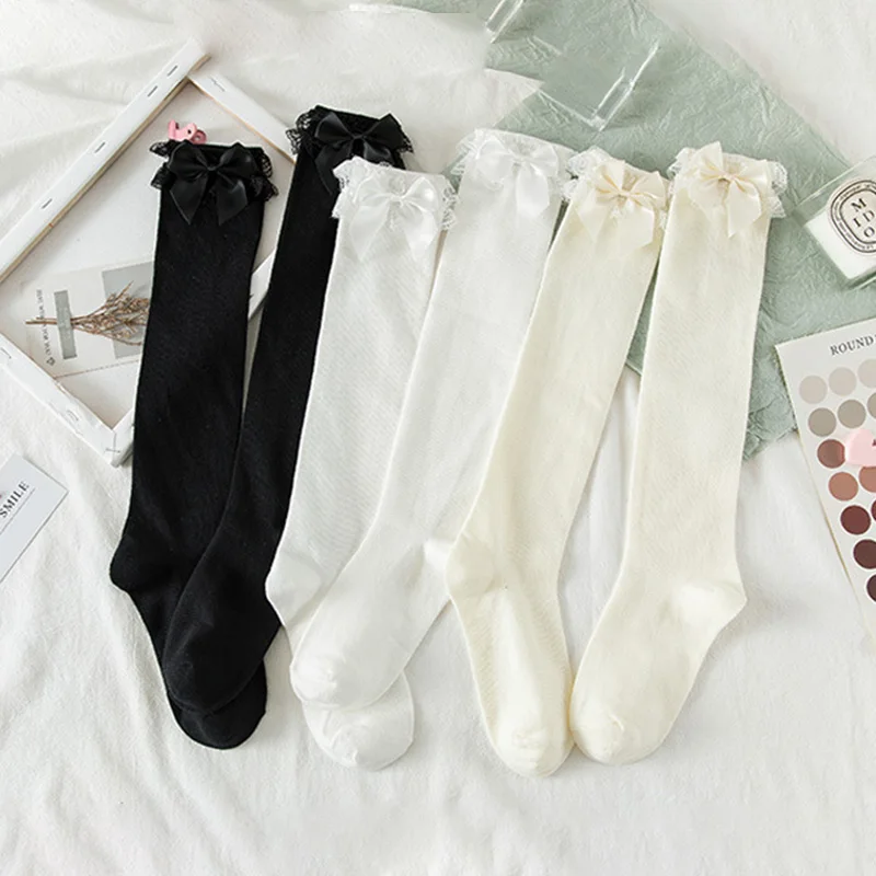 

Lolita Cotton Women Stockings Bowknot High Knee Socks Female JK Long Stocking Girls Elastic Dress Calcetines Media