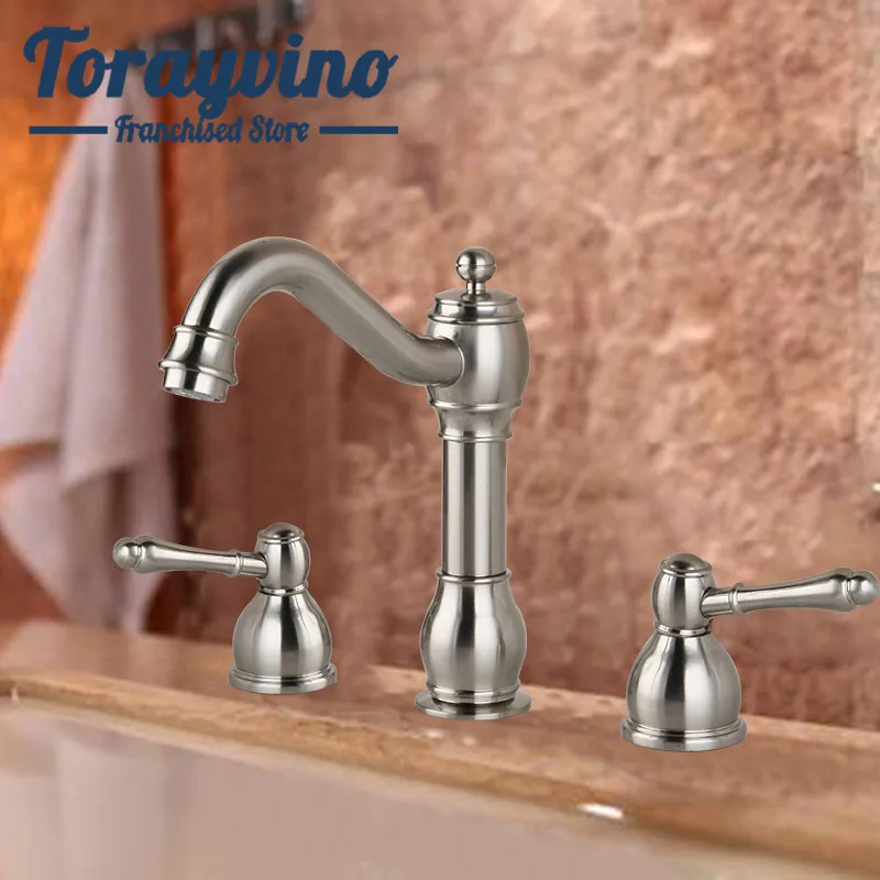 

Torayvino Bathroom Basin Faucet Mixer Taps Brushed Nickel Brass Luxury Sink Hot & Cold Water Double Handle Deck Mounted Tap