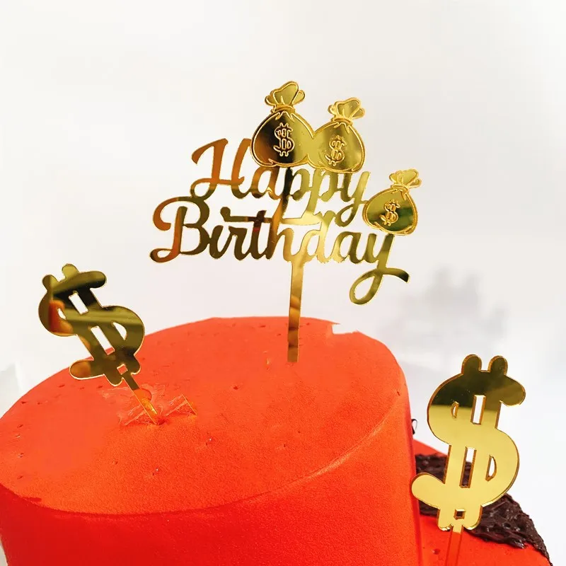 Acrylic Happy Birthday Cake Topper Novelty Money Bag Rich Wishes Cake Topper For Business Men Birthday Party Cake Decorations