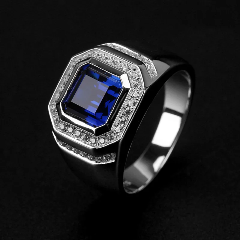 Luxury 925 Sterling Silver Blue Sapphire Ring Engagement Wedding rings for Men boys Jewelry gift Size 8,9,10,11,12,13