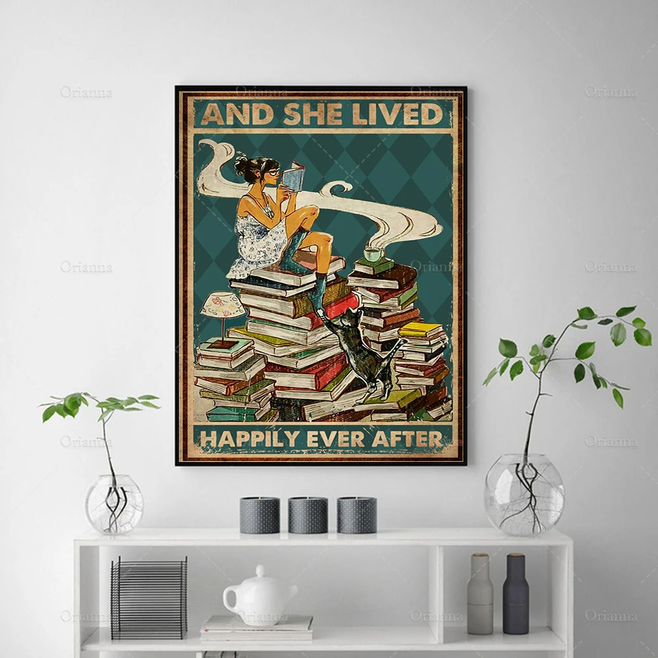 And She Lived Happily Ever After Poster, Book Lover Gift, Love Reading Poster, Book Lover Print Cat Art Print Wall Art Painting