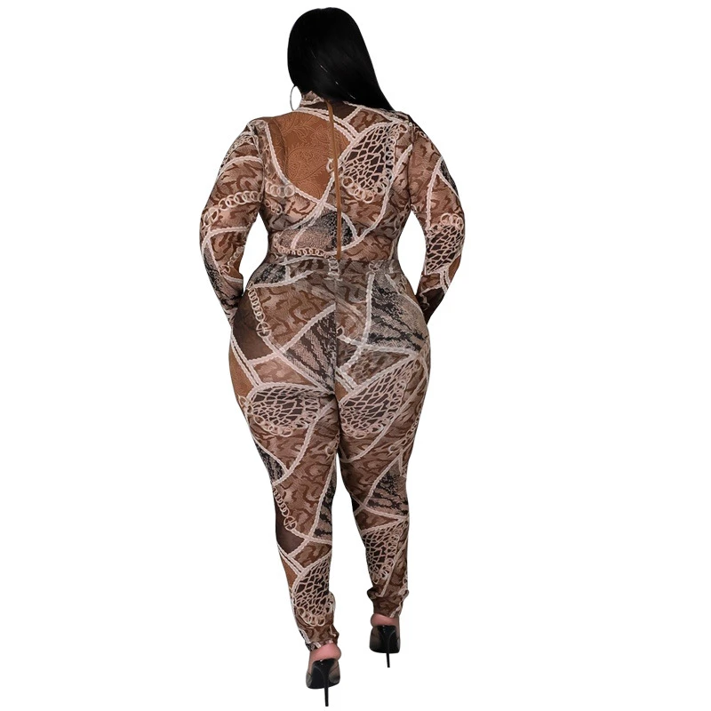 Sexy Outfits Women Plus Size Clothing Long Sleeve Bodysuit and Pants Clubwear Transparent Mesh Party Two Piece Set Dropshipping