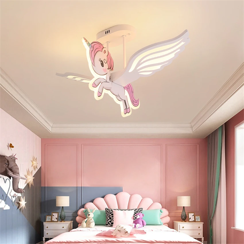 Cartoon pink Pegasus pendant lights children's room lamp girl bedroom room three color change lamps eye protection lighting