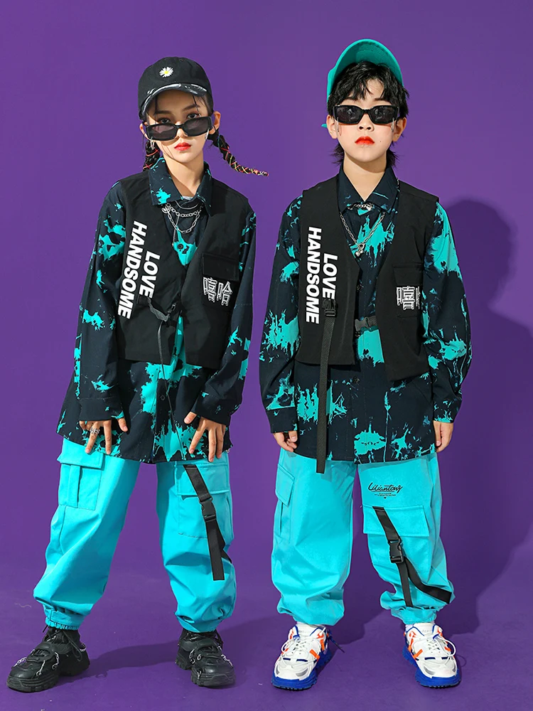 Korean Kids Tie dye Top Pants Cool Vest Jazz Dance Suit Children Girl Boys Hiphop Street Clothes Uniform Catwalk Performance