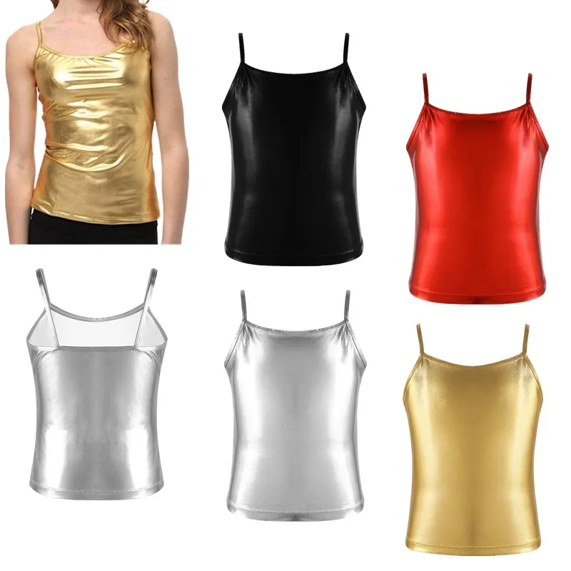 Children Girls Metallic Shiny Glossy Camisole Vest Tank Tops Hip Hop Jazz Street Dance Cheerleading Costume for School Party