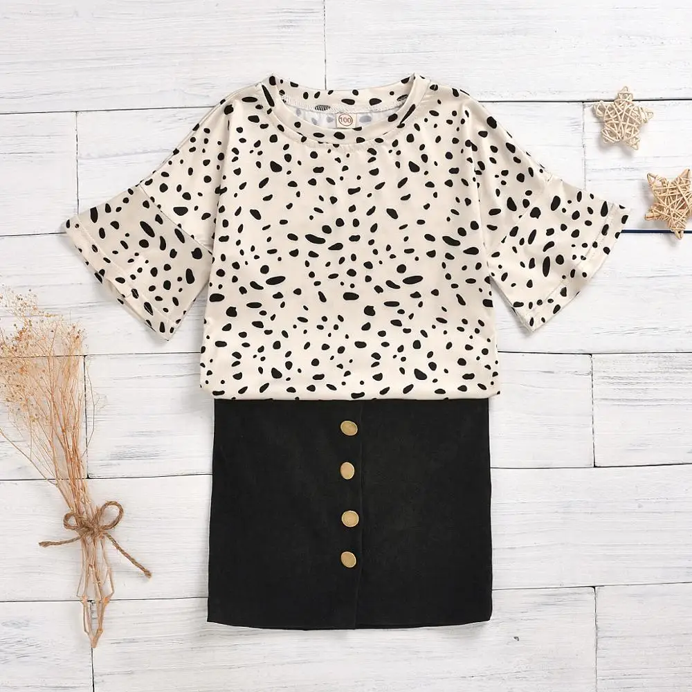 Girls Clothing Sets 2020 Spring Kids Clothes Leopard Long sleeve Top + Black Belt Metal Button skirt 2pcs Set Children Clothing