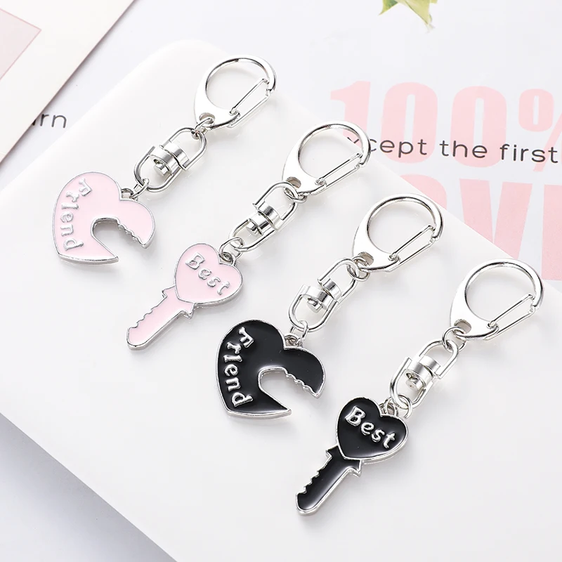 2 Piece Set Heart Key Shape Best Friend Couple Anime Keychain Pendant Bff Friendship Jewelry Keychains Women Cute Accessories