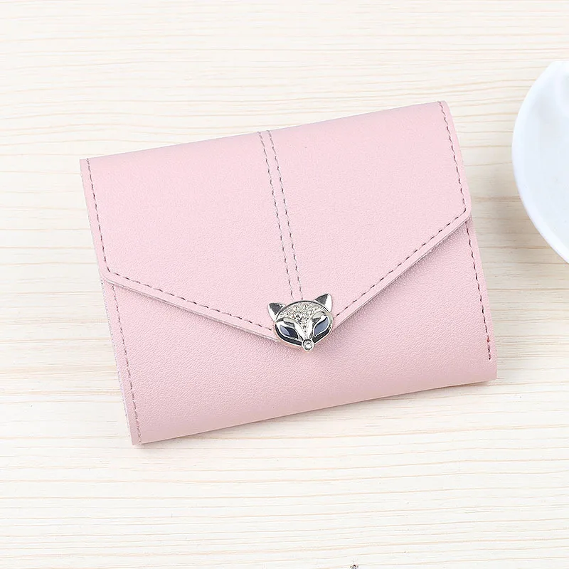 Fashion Short Little Fox Head Three-folding Female Wallet with Lychee Pattern Simple Fashion Buckle PU Wallet Card Holder
