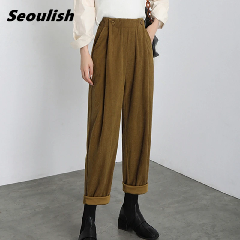 

Seoulish Autumn Winter Women Wide Leg Corduroy Pants 2021 New Casual Loose Vintage High Waist Button Solid Trousers Female Pants