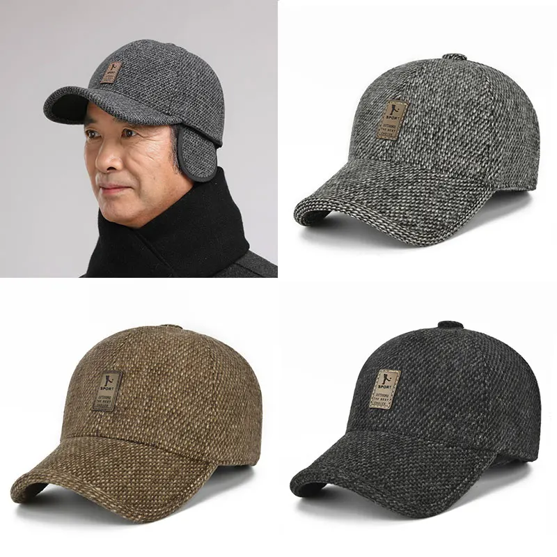 Winter Casual Woolen Men Hats Warm Ear Protection Caps Korean Version Baseball Caps Adjustable Men's Cotton Caps Sports Caps