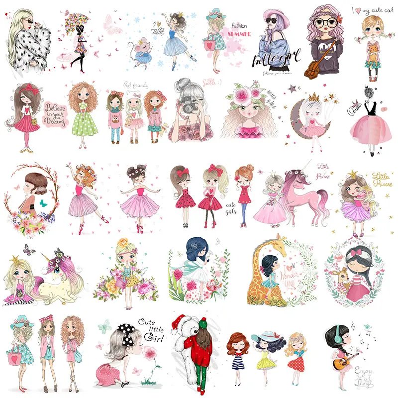 Cartoon Girls Patches Iron-On Transfers For Clothing Heat Transfer Thermal Sticker For Clothes Pretty Girls Patches For Clothes