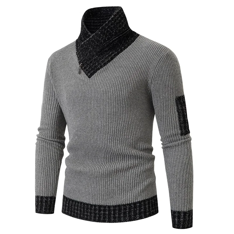 Suéter de cuello alto para hombre, jerseys de punto informales a la moda, cuello de bufanda, ajustado, Patchwork, otoño e invierno, nuevo