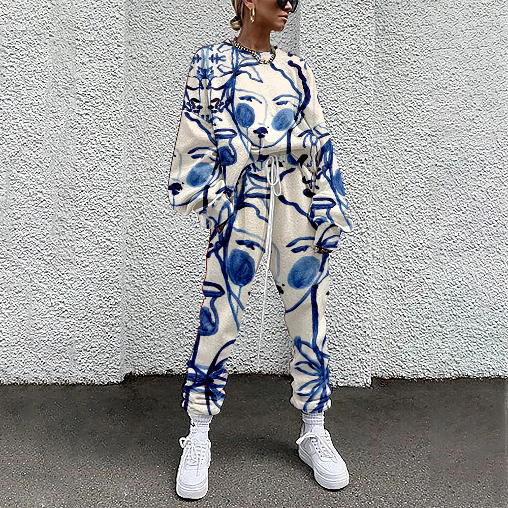 SOJINM Women Clothing 2 Piece Set Suit Outfits Abstract Print Casual Sport Suit Woman Streetwear Set Autumn Women Tracksuit 6XL