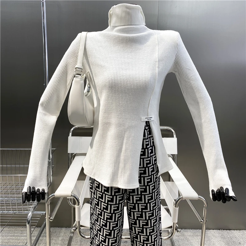 

New Brand Original Design Spice Girl's Irregular Slit Sweater High Neck Slim Fit Versatile Long Sleeve Shoulder Pad Knit Inside