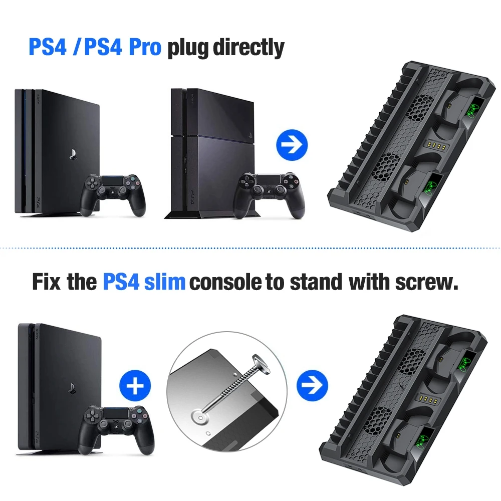 PS4 Slim/PS4 Pro/PS4 컨트롤러 용 Playstation 4/PS4 용 냉각 팬이 장착 된 이중 냉각 스테이션 PS4 액세서리 용 슬림 스탠드