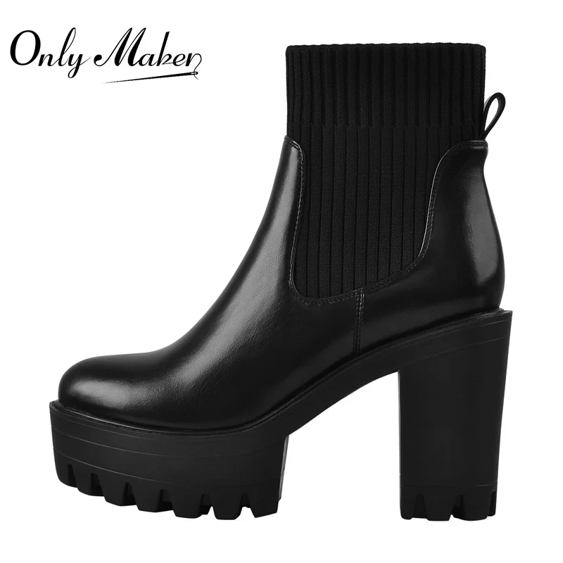 Onlymaker Women Slip-On Ankle Boots Platform Chunky High Heel Matte Black Soft PU Leather Sock Patchwork Boots