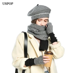 USPOP New Winter 3 Pieces Sets Women Plaid Cashmere Scarf Hat Gloves Sets