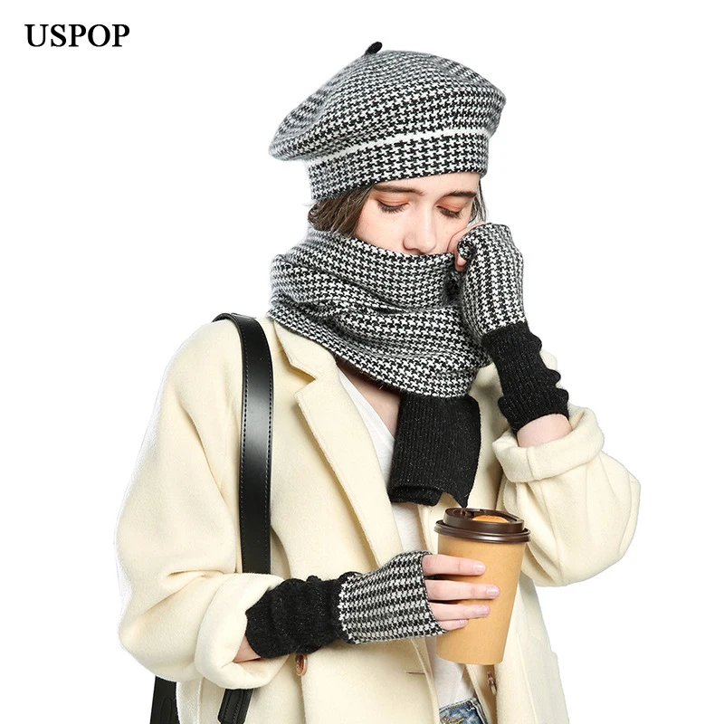 USPOP New Winter 3 Pieces Sets Women Plaid Cashmere Scarf Hat Gloves Sets