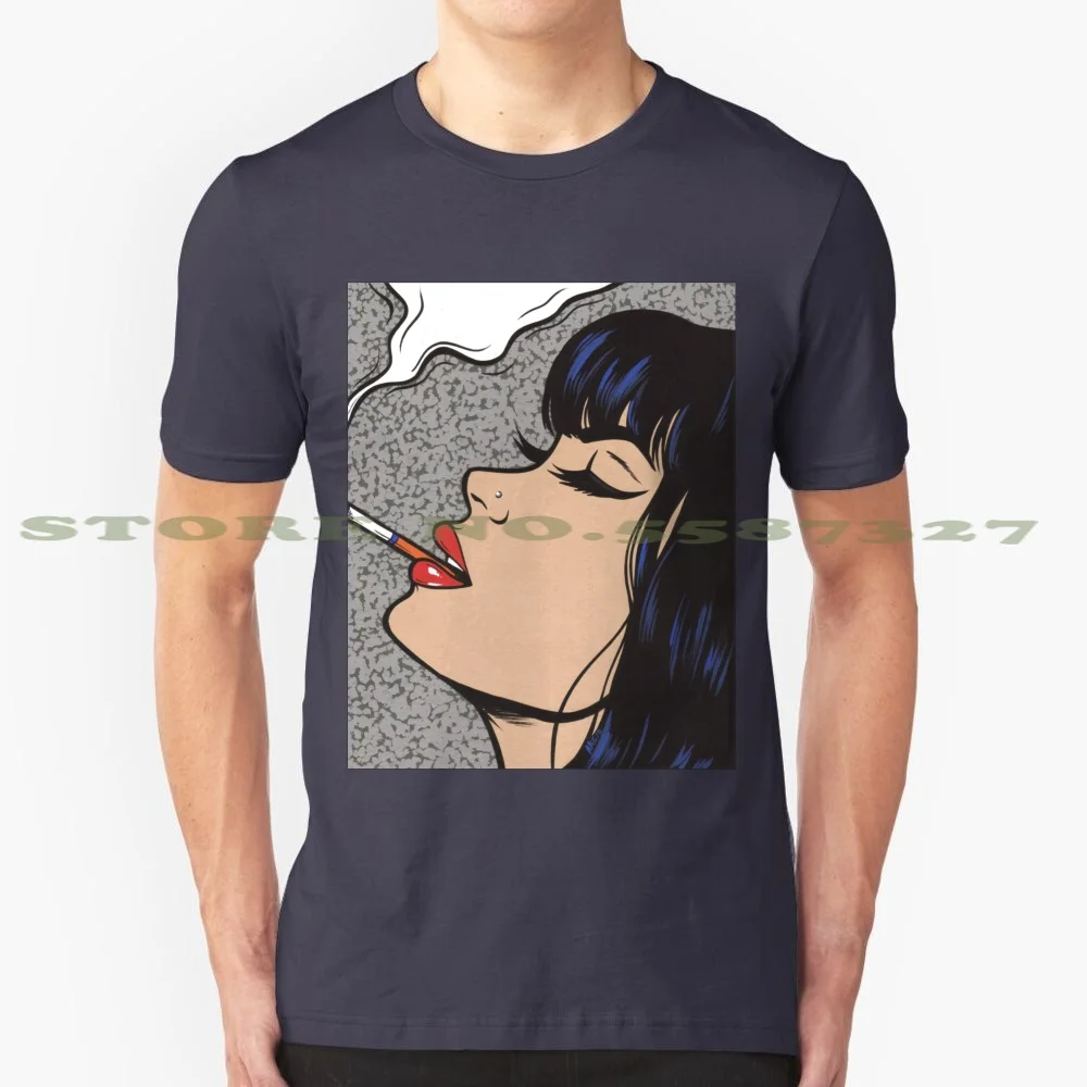 Smoking Comic Pop Art Girl 100% Cotton T-Shirt Black Bangs Goth Girl Mod Cigarette Punk Model Red Lipstick Comic Girl Sad