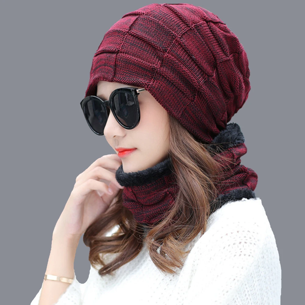 

Hot selling 2pcs ski cap and scarf cold warm leather winter hat for women men Knitted hat Bonnet Warm Cap Skullies Beanies