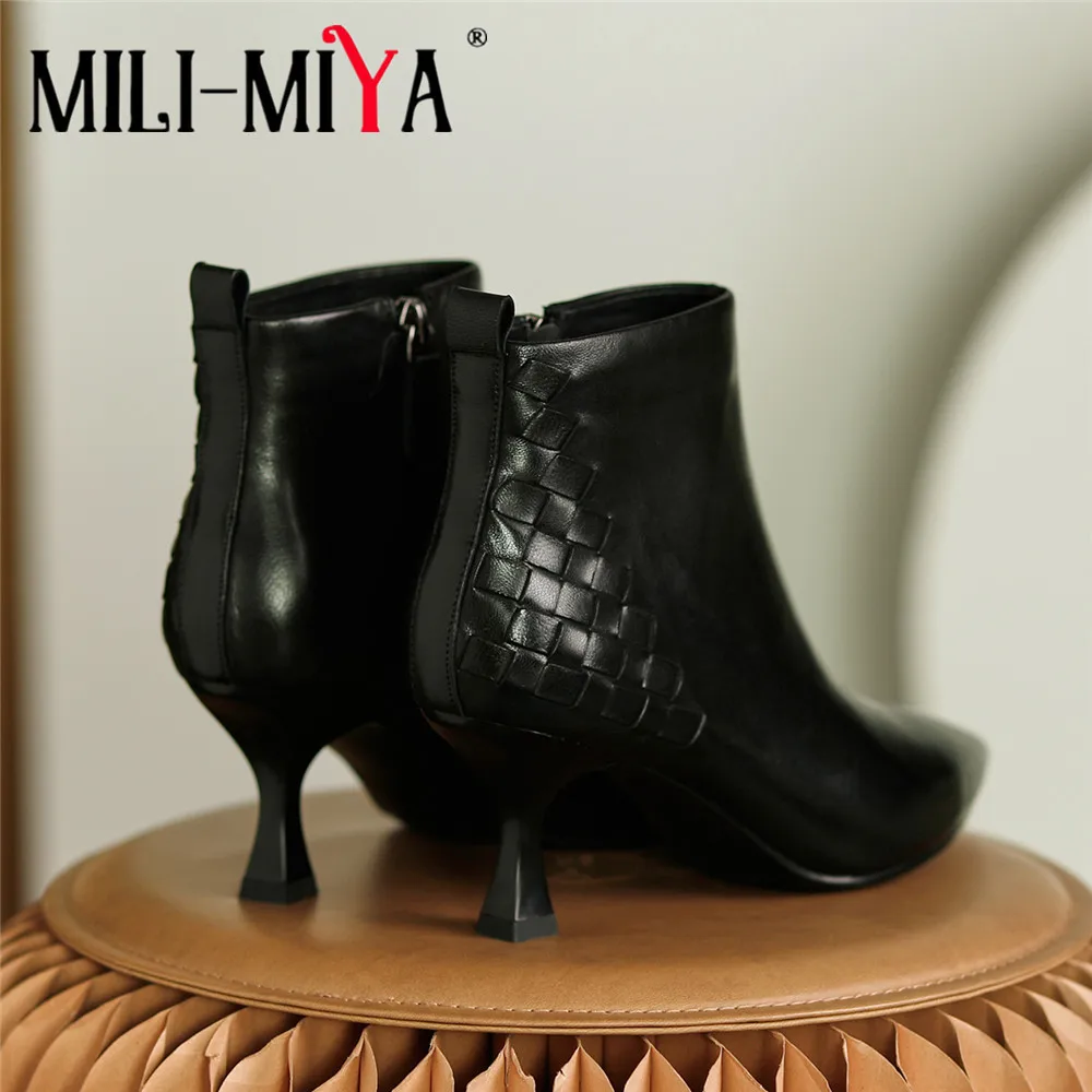 

MILI-MIYA Winter Brand New Sexy Pointed Toe Black Apricot Women Ankle Boots Thin High Heels Soft Sheepskin Lady Party Shoes