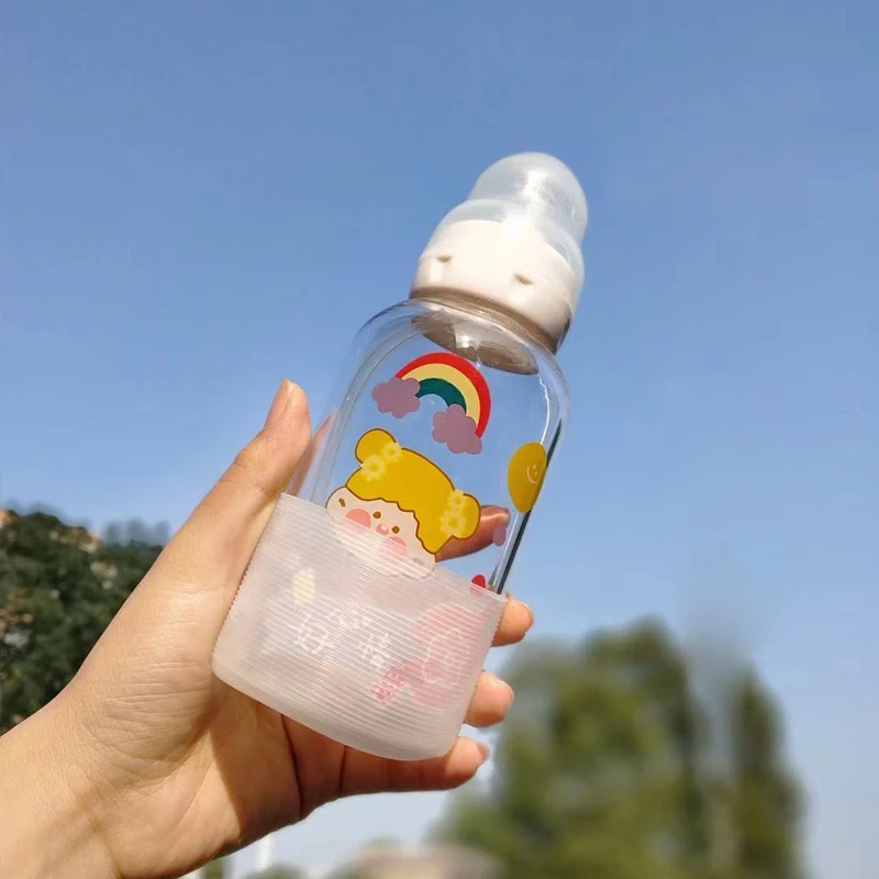 Cute Girl Transparent Glass Bottle, Creative and interesting Pattern, Personalized Straw Cup, Student and Couple Portable Cup