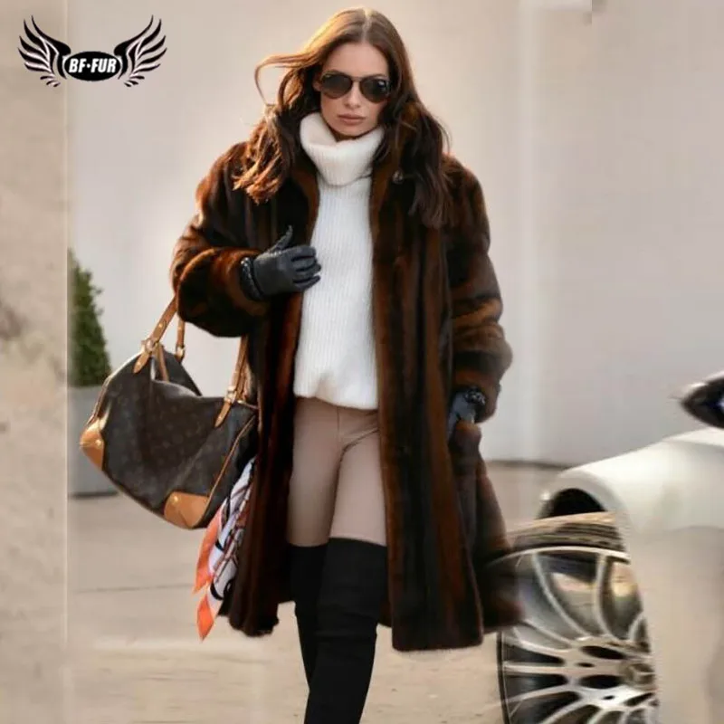 BFFUR Fashion Coffee Color Real Mink Fur Coat Long Woman Winter New Whole Skin Mink Fur Coats Genuine Woman Luxury Fur Outwear