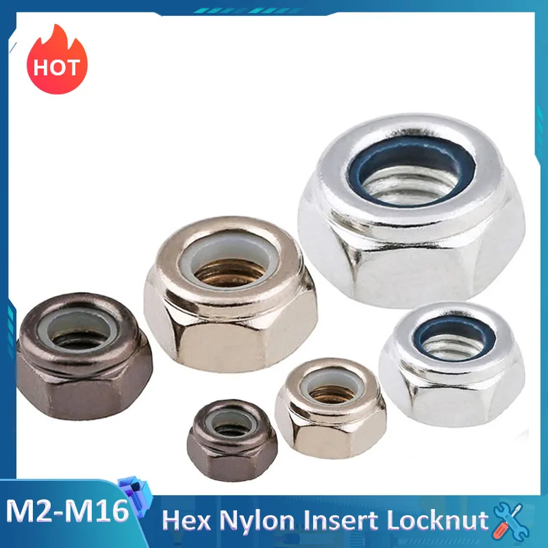 2-50Pcs Hex Nylon Insert Locknuts Carbon Steel Self Nylock Nut M2 M2.5 M3 M4 M5 M6 M8 M10 M12 M14 M16 DIN985