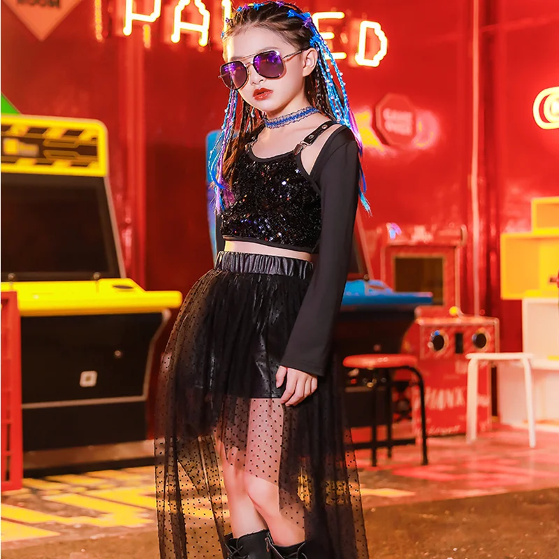 

Kids Hip Hop Dance Suit Girls Long Sleeve Black Sequin Tops Lace Skirt Jazz Clothing Modern Street Dance Catwalk Clothes