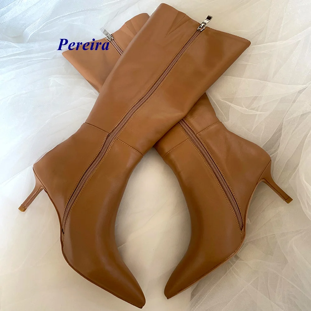 Pointed Toe Leather Knee High Boots Zipper Thin Heel Solid Boots Newest Fashion Women Shoes 2021 Hot Sale Sexy Casual Winter