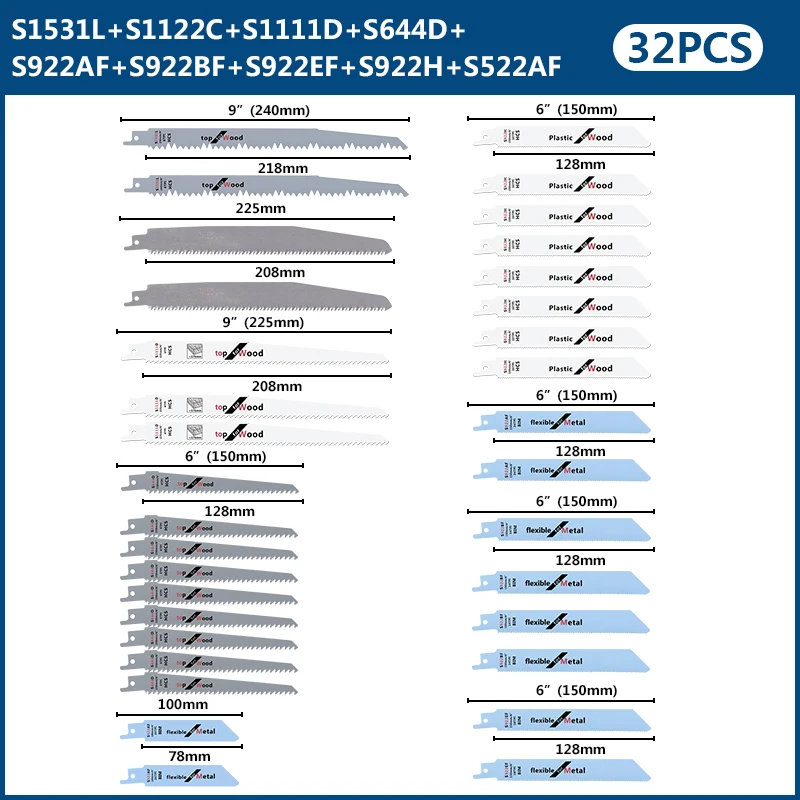 Jig Saw Blade 32 pcs Jigsaw Blades Set for Wood Cutting Saber Saw Power Tool Saw Blade Reciprocating Saw Blades