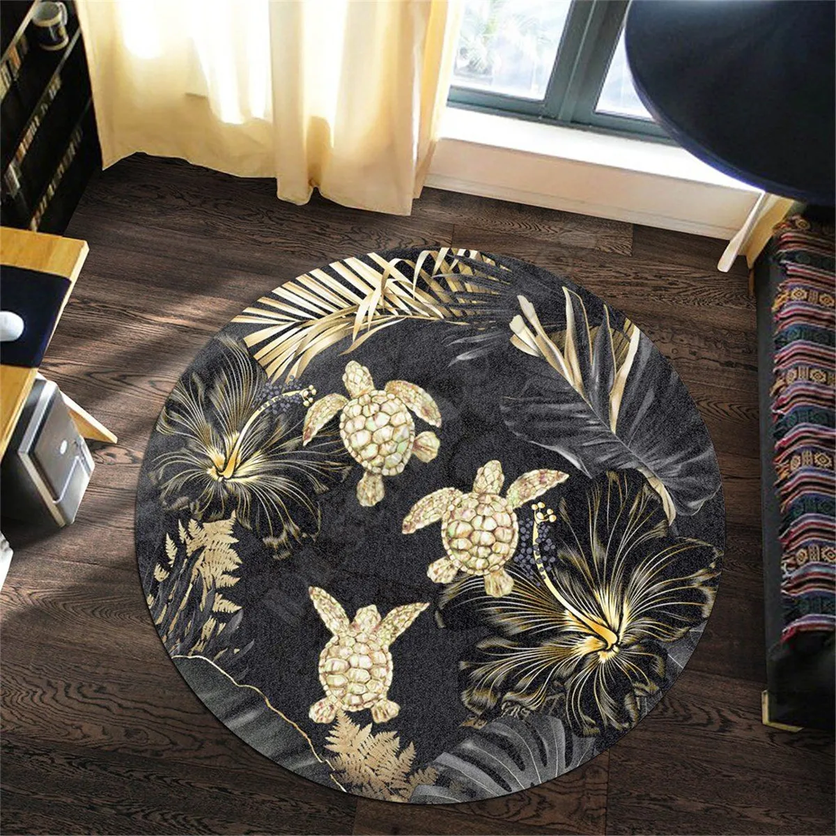 Golden Tropical Turtle Round Carpet Anti-Skid Area Floor Mat 3D Rug Non-slip Mat Dining Room Living Room Soft Bedroom Carpet