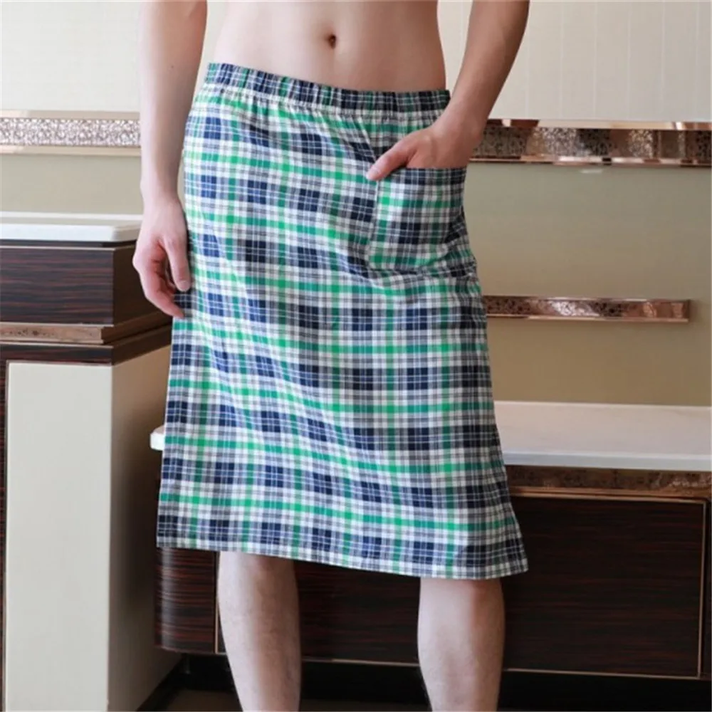 Men Pajama Pants Sleepwear Plaid Lounge Wear Casual Short Bath Skirt Mens Sleep Bottoms Breathable Nightwear Bathrobe Nightdress