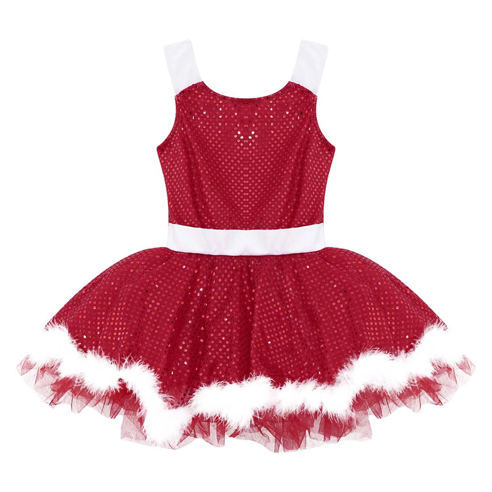 Kids Girls Sequins Keyhole Back Ballet Dance Tutu Dress Leotard Christmas Mrs Santa Claus Stage Performance Costume Dancewear