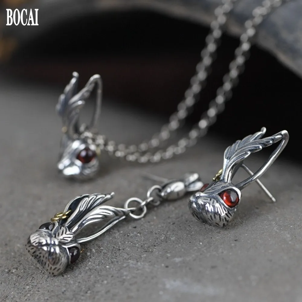 BOCAI real S925 pure silver jewelry big ear bunny pendan woman literary asymmetric style earrings