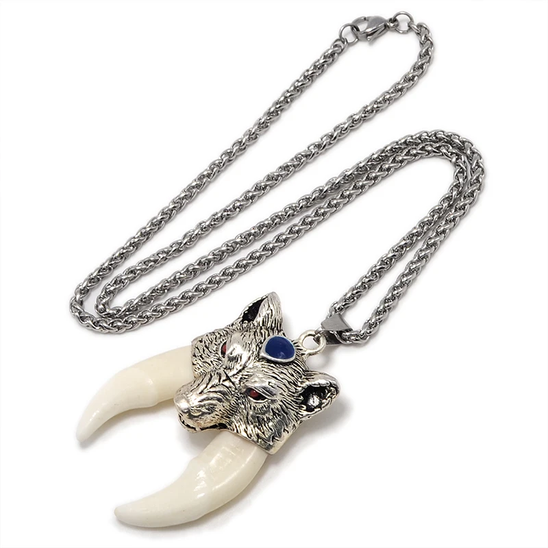 YX002 Men\'s Bone Pendant Necklace Stainless Steel Necklace Tibetan Amulet Fangs Real Natural Tooth Vintage Wolf Tooth Charm
