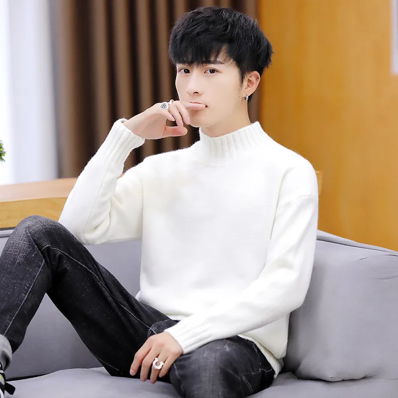 2019 Autumn Casual Men's Sweater Half collar Neck Solid Slim Fit Knittwear Mens Sweaters Pullovers Thick Warm