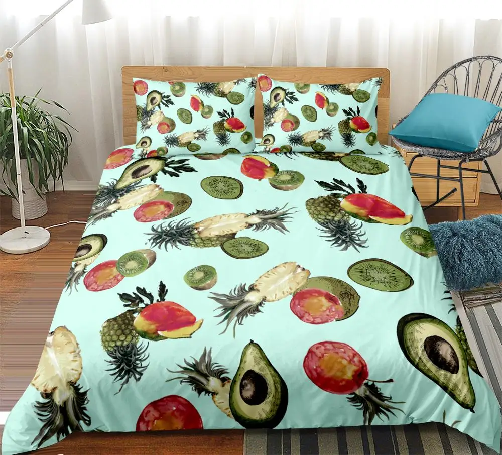 

3pcs Summer Fruits Duvet Cover Set Kids Pineapple Kiwifruit Bedding Set Green Background Home Textiles