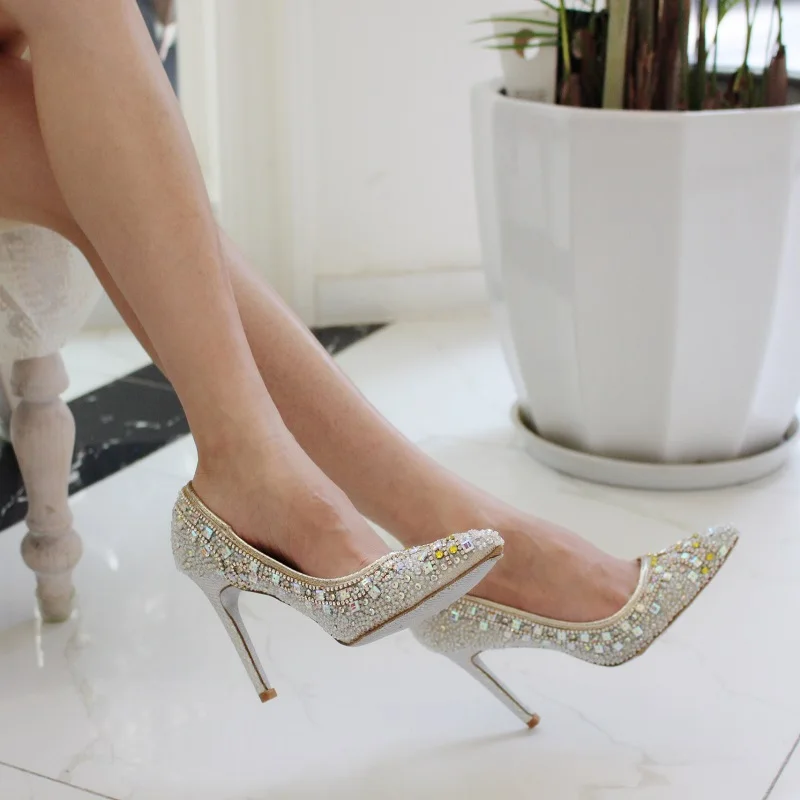 

Spring new crystal pointed toe leather rhinestone stiletto high-heel bridal wedding shoes banquet dress custom-made women's shoe