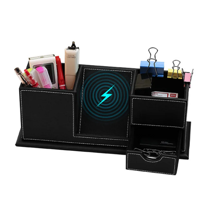 Desk Pen Pad Storage Holder Wireless Charger Office Stand Organizer Wireless Charging Station for iPhone 11 Pro X XS Samsung S7