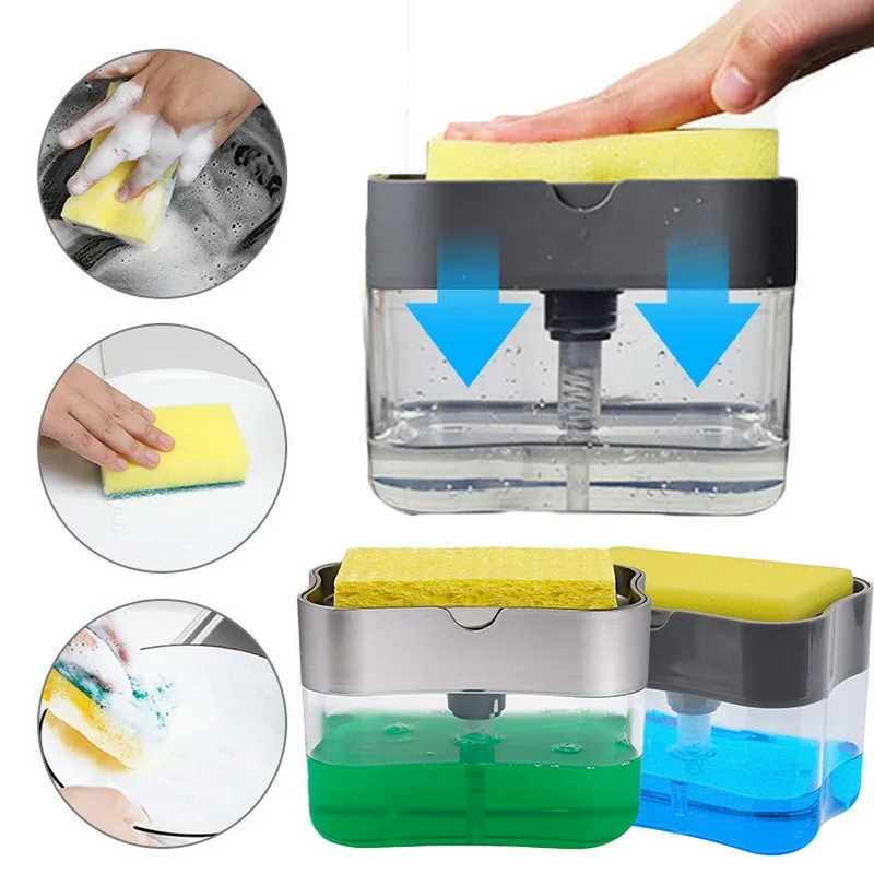 2-in-1 Soap Dispenser With Sponge Double Layer Kitchen Plastic Soap Dispenser Manual Press Soap Organizer Kitchen Tool