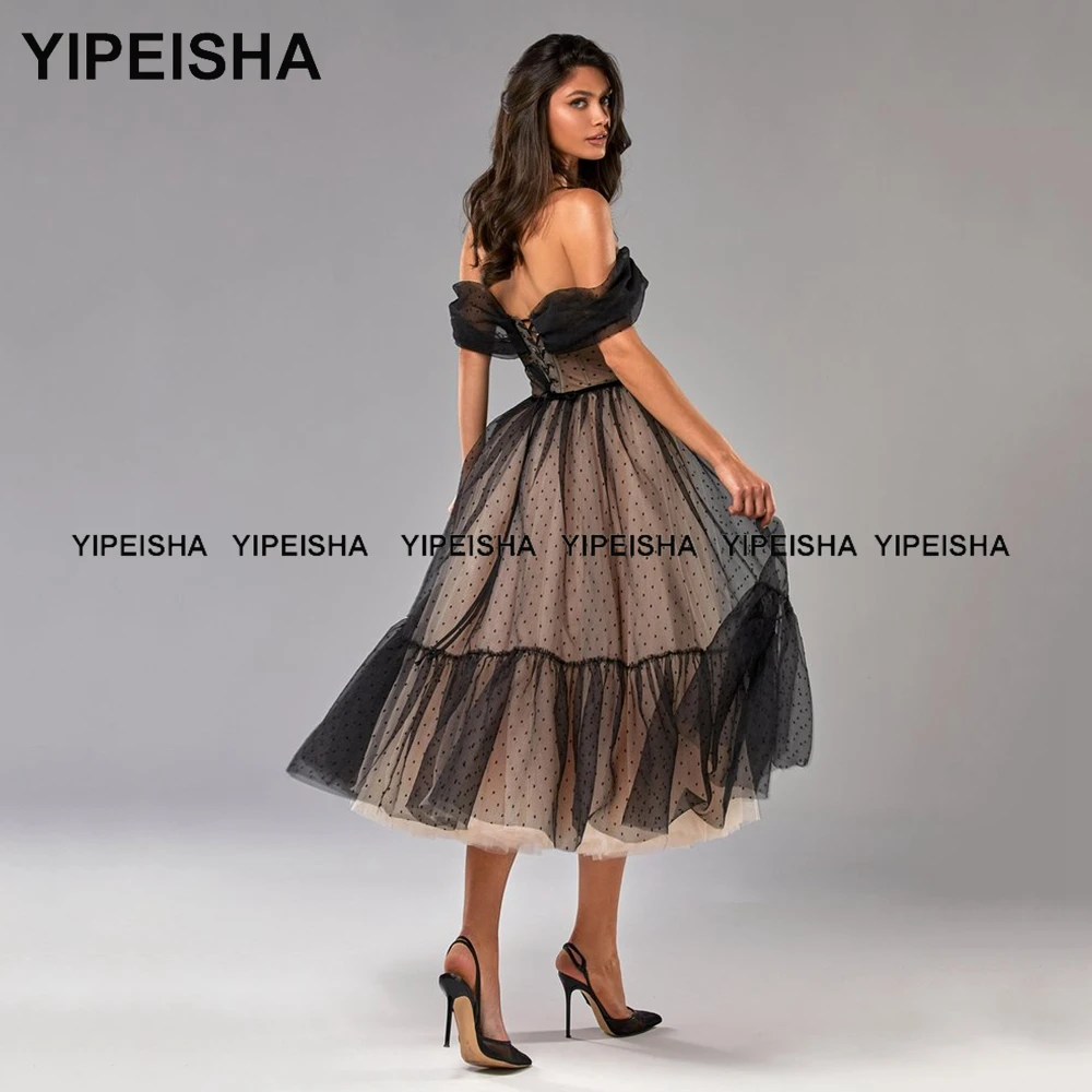 Yipeisha vintage chá comprimento vestidos de cocktail fora do ombro a linha preto vestido de baile dot tule curto vestido de baile robe de soiree