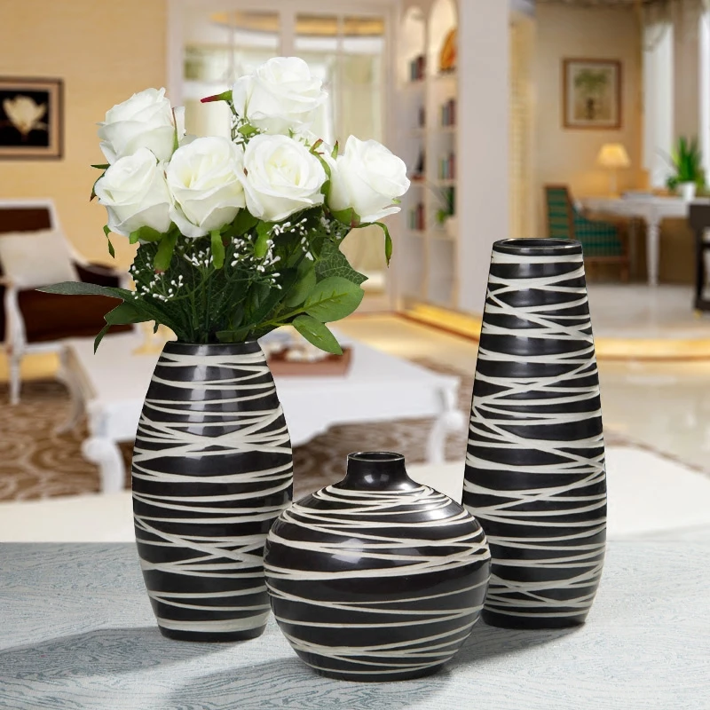 

Morden Home Decoration Vase Living Room Art Ornaments Black And White Stripe Flower Vase TV Cabinet Wine Cabinet Handicraft